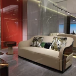 Modern Luxury Curved Sofa with High-Gloss Natural Wood Veneer, Precision Vertical Stitching Craftsmanship & Ergonomic Wrap-Around Design